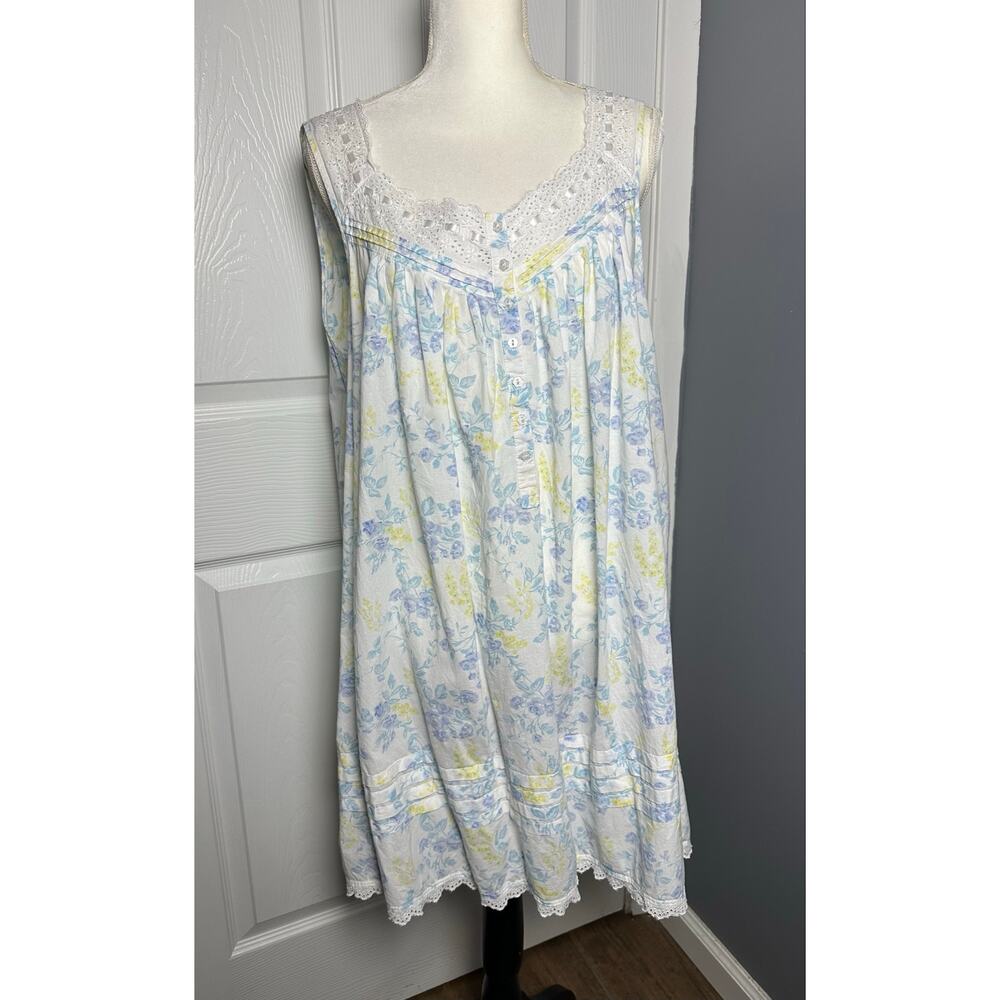 EILEEN WEST WHITE BLUE FLORAL PRINT SLEEVELESS COTTON NIGHTGOWN - SIZE XL - Picture 10 of 10
